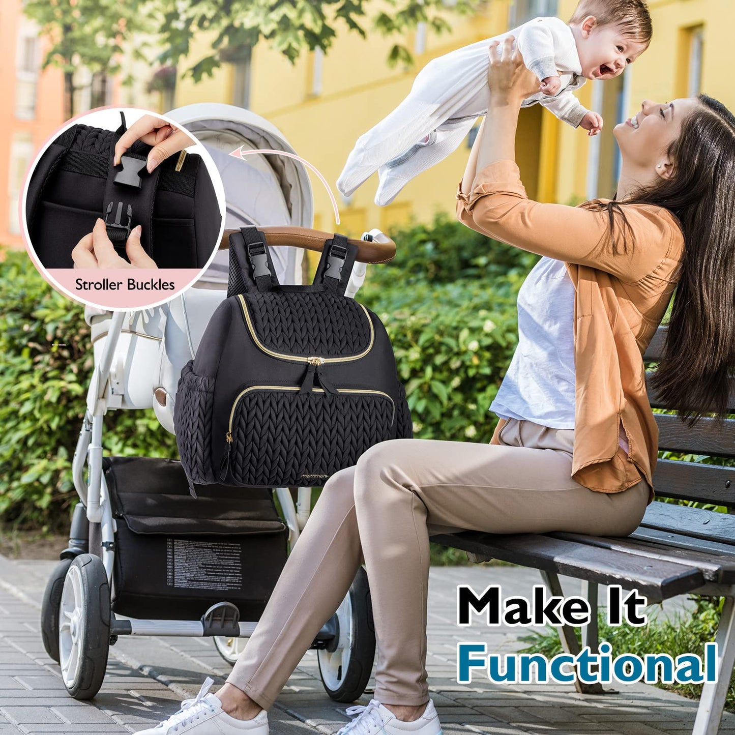 mommore Diaper Bag Small Diaper Backpack Stylish Baby Travel Backpacks with Insulated Pockets, Changing Pad, Stroller Straps
