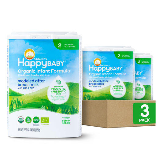 Happy Baby Organics Stage 2 Infant Formula, 6-12 Months, Milk Based Organic Baby Formula Powder with Iron, Probiotics & Prebiotics for Immune & Digestive Support, 22.9 Ounce (Pack of 1)