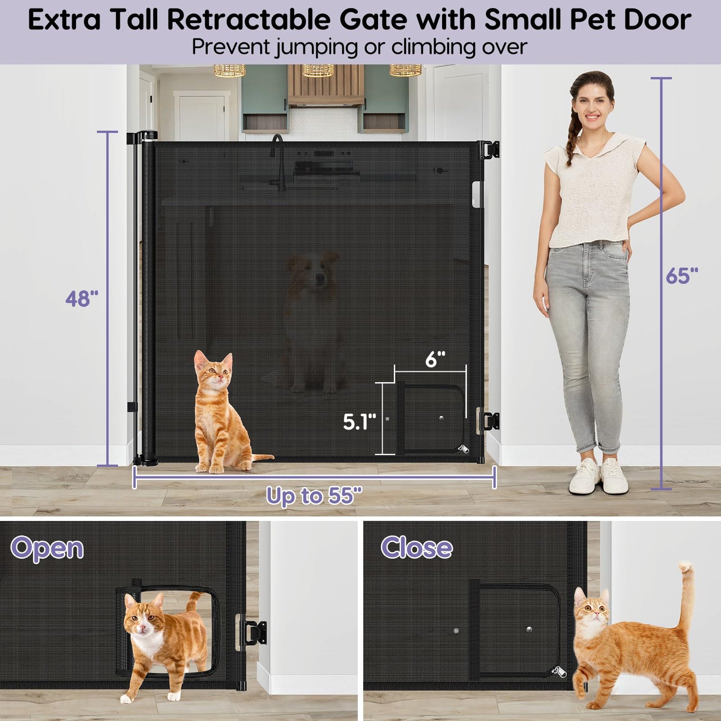 48 Inch Extra Tall Pet Gate Retractable Baby Gate with Cat Door - No Jumping Over, 55" Wide Retractable Dog Gate Indoor 4ft Extra Tall Cat Gate for Doorway Outdoor Deck Gate, White