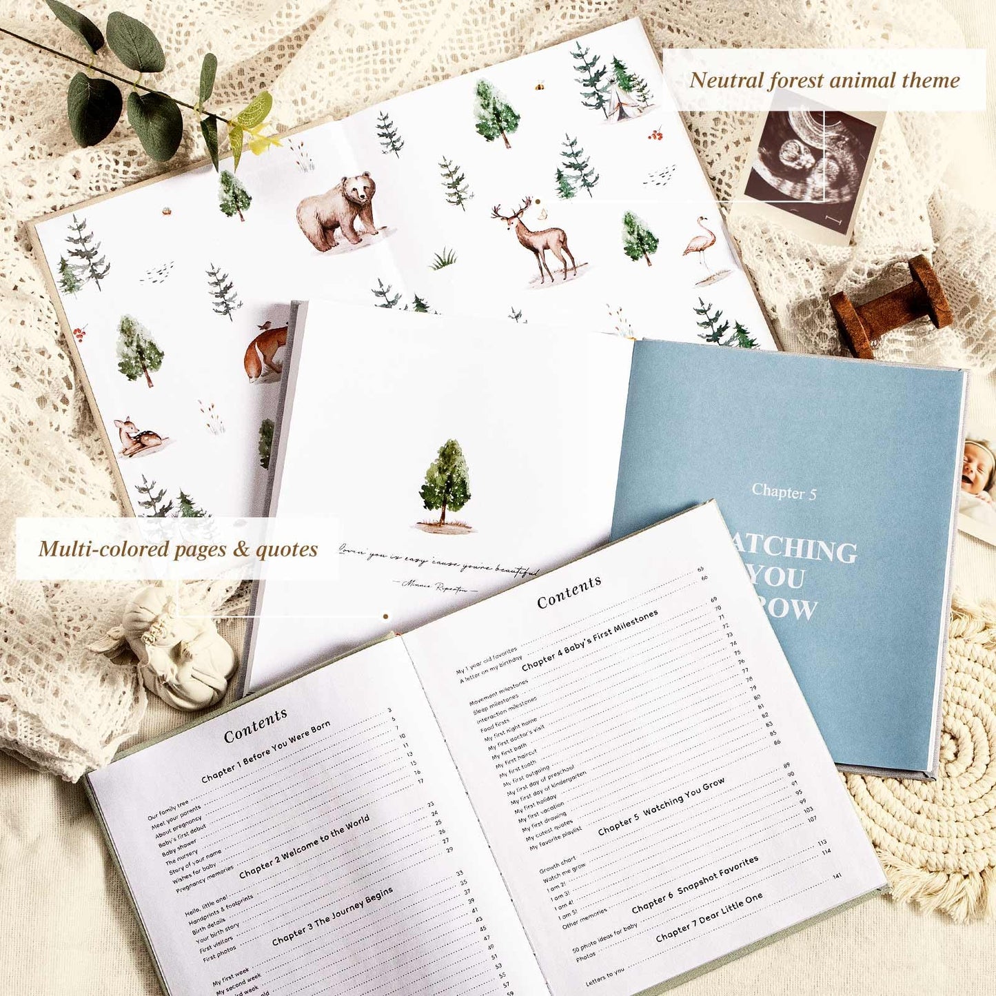 Lanpn Baby Memory Book - Linen Baby Book Journal Memories Keepsake - The Story of You - Newborn Baby First 5 Year Scrapbook Photo Book Milestone Album for Boy Girl New Parents (Sage Green, 154 Pages)