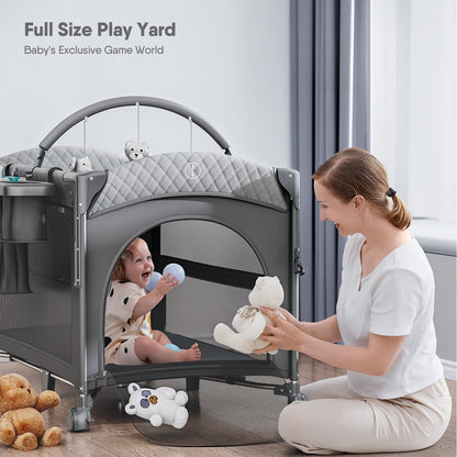 4 in 1 Baby Bassinet, Pack and Play, Bedside Crib Sleeper, Diaper Changer - Comes with Mattress, Mosquito Net，Bottom Storage and Toy Bar for Newborn to Toddles