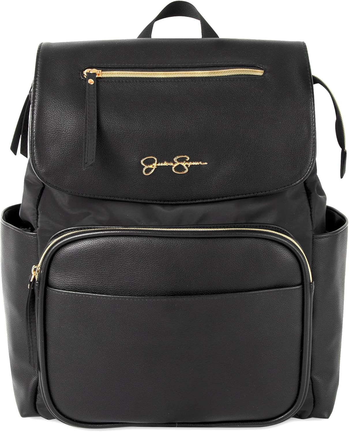 Jessica Simpson Black Vegan Leather Diaper Bag Backpack with Baby Changing Mat Pad, Stroller Strap Clips, 2 Pc. Set