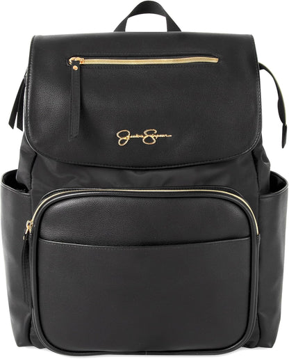 Jessica Simpson Black Vegan Leather Diaper Bag Backpack with Baby Changing Mat Pad, Stroller Strap Clips, 2 Pc. Set