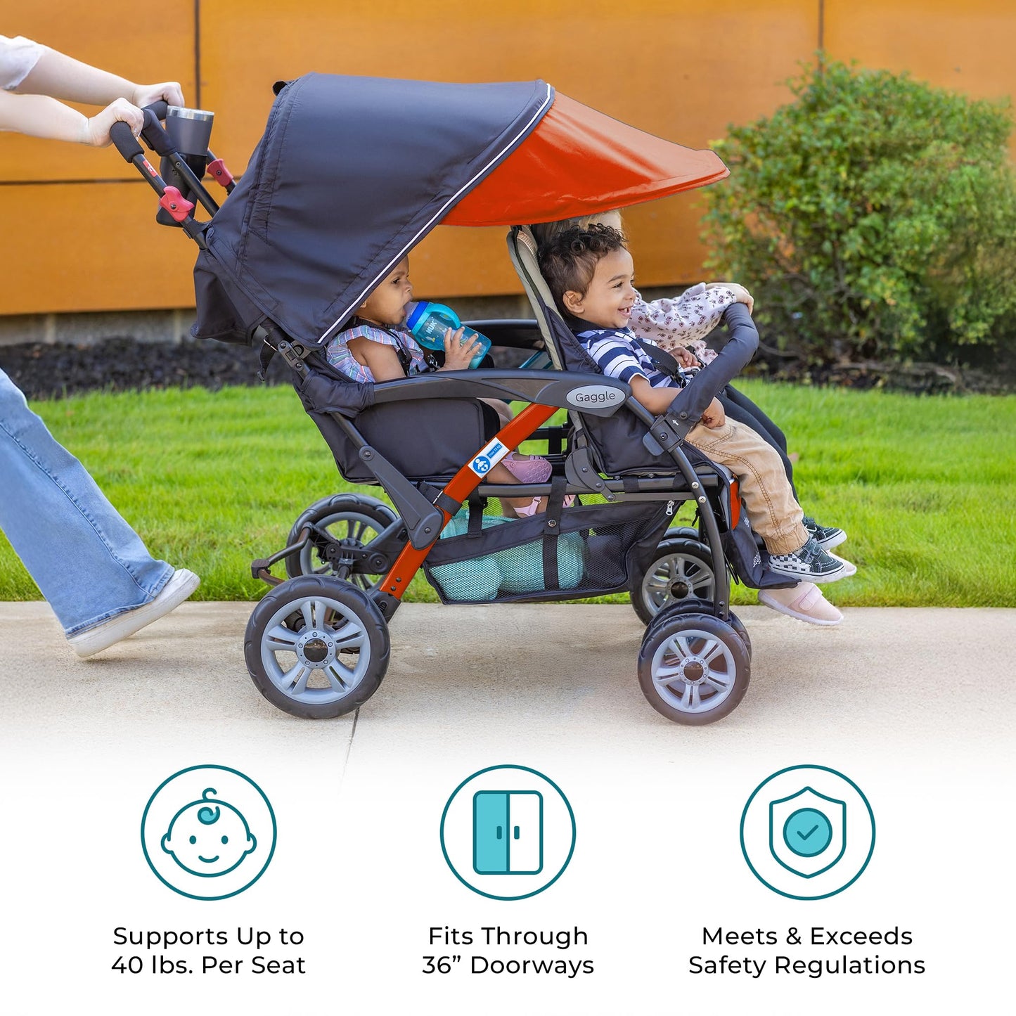 Gaggle by Foundations Compass Quad 4 Seat Stroller | 4-Seat Stroller for Daycare | Oversized UV Blocking Canopy | 5-Point Harness | Easy Loading | Storage Bucket | Black