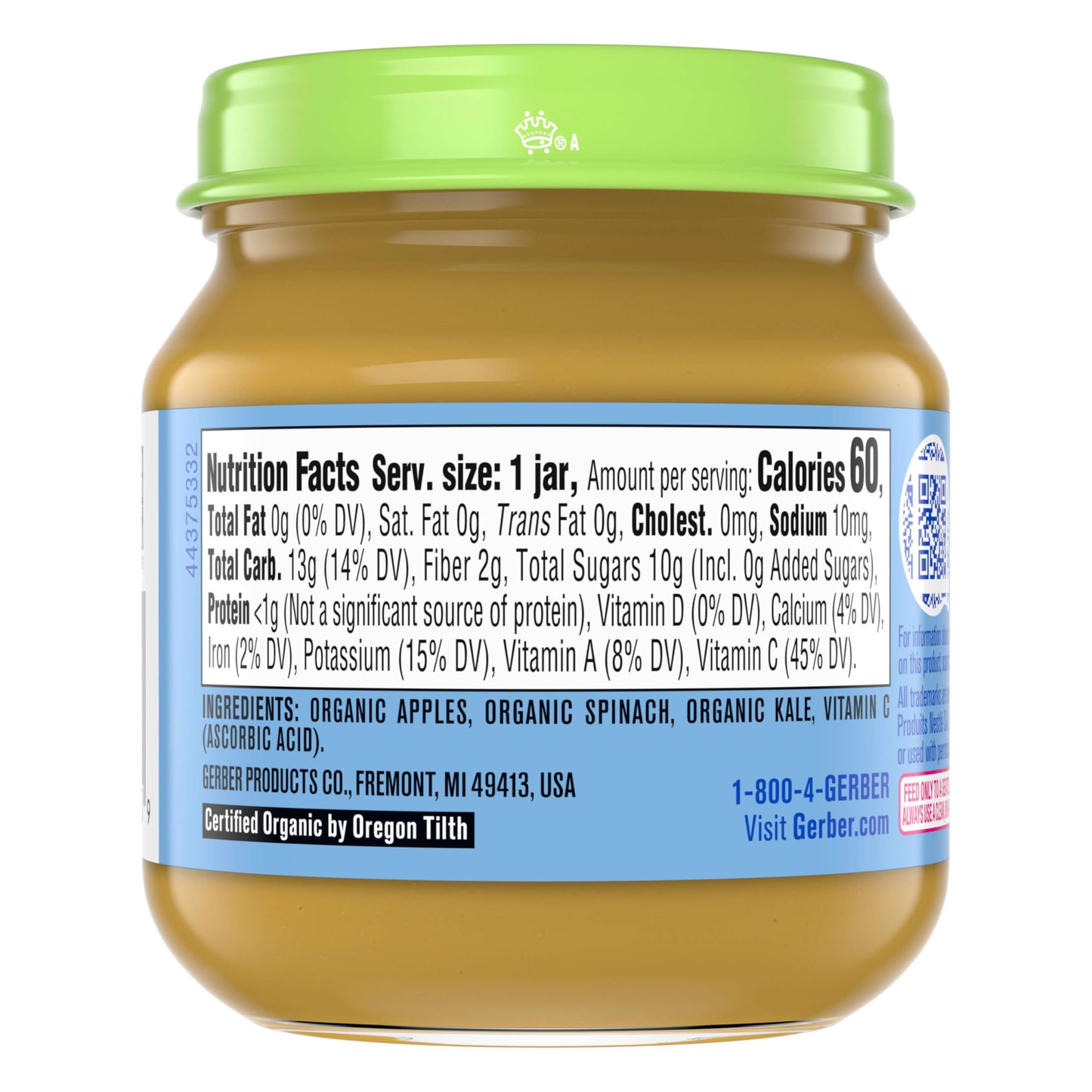 Gerber Stage 2 Baby Food, Organic Apple Spinach with Kale Jar, Fruit & Veggie Puree, Vitamin C, Non-GMO, Baby Food Puree Jars Glass