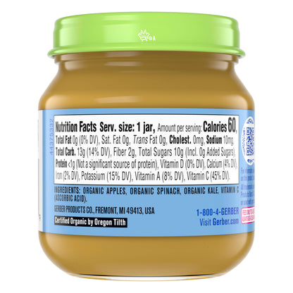 Gerber Stage 2 Baby Food, Organic Apple Spinach with Kale Jar, Fruit & Veggie Puree, Vitamin C, Non-GMO, Baby Food Puree Jars Glass