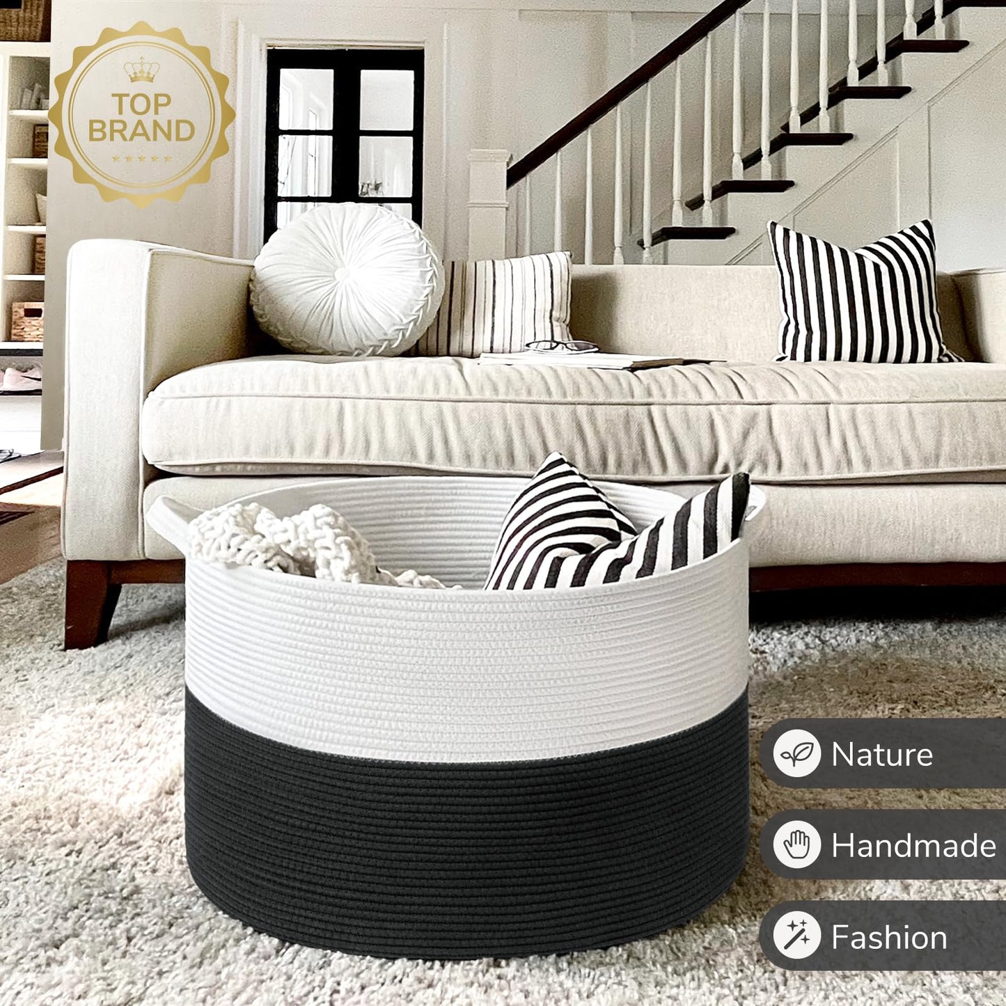 INDRESSME XXXLarge Cotton Rope Basket 21.7" x 21.7" x 13.8" Woven Baby Laundry Blanket Basket Toy Baskets with Handle Storage Comforter Cushions Thread Laundry Hamper