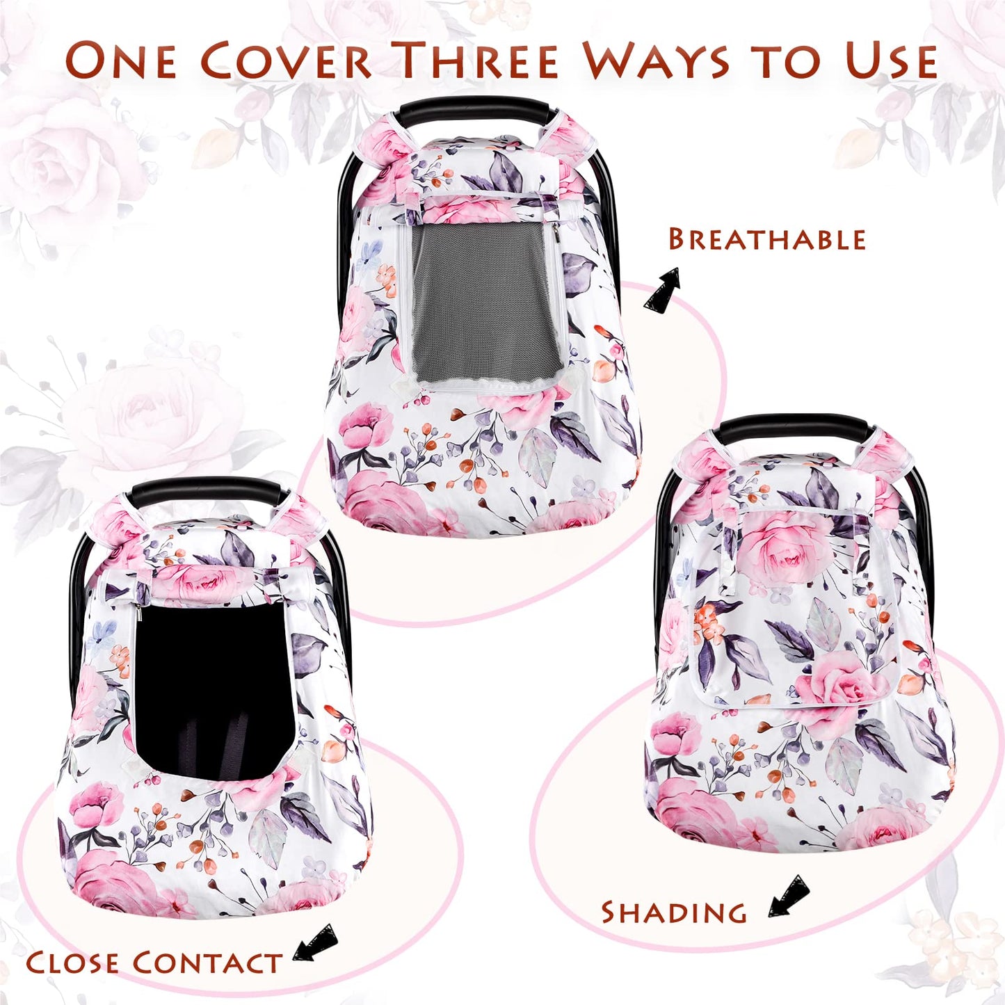 Pea Pod Car Seat Cover Baby, Infant Car Seat Canopy Covers for Newborn with 2 Layers Windows of Breathable Mesh Fabric, Lightweight Polyester/Soft Minky Dot Backing (Floral & Rainbow)