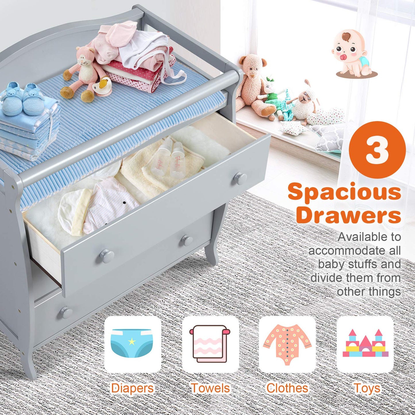 Costzon 3-Drawer Changing Table, Infant Diaper Changing Station with Drawers, Safety Rails & Strap, Baby Changing Table Dresser for Nursery, Easy Assembly (Brown)
