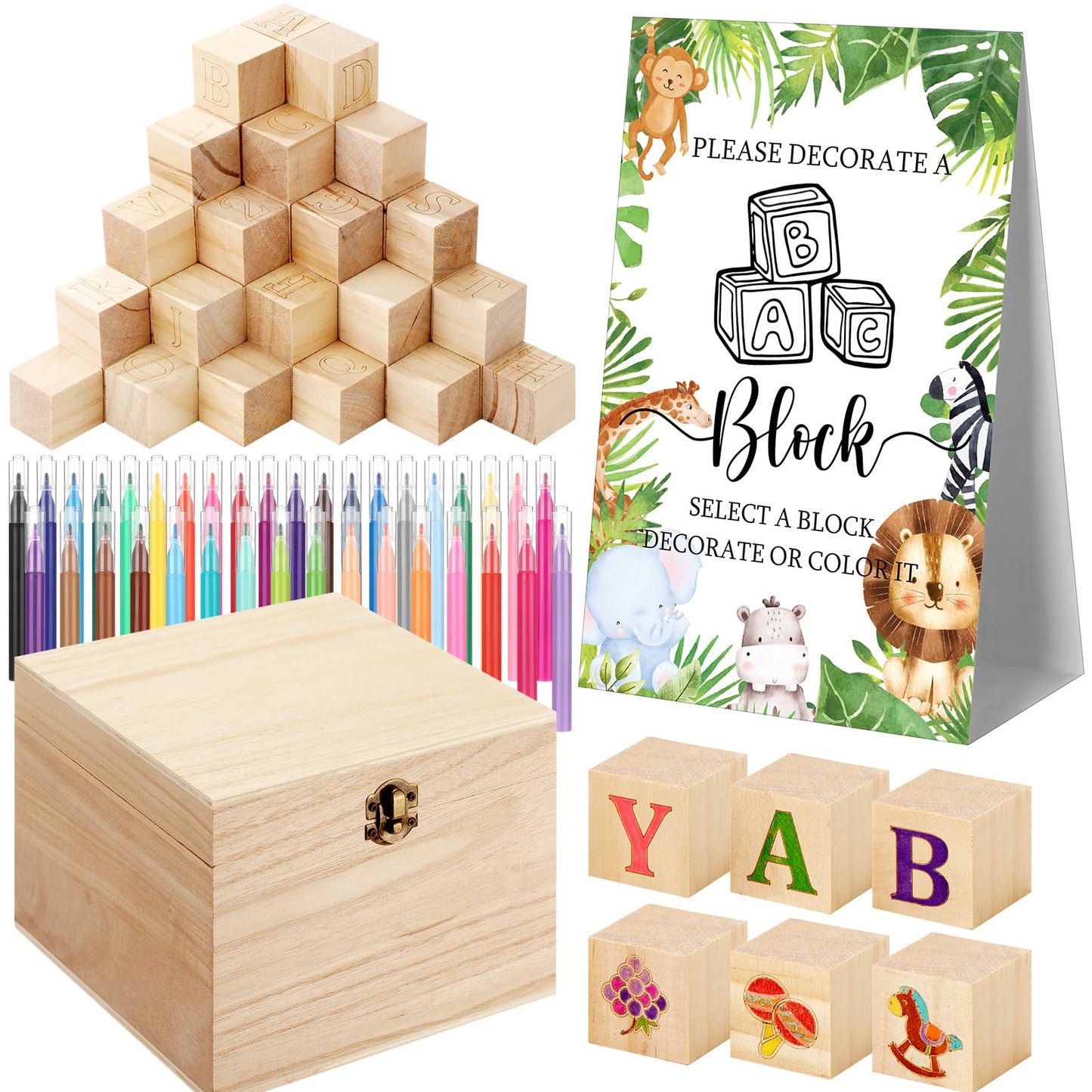 Marsui 136 Pcs Baby Shower Blocks to Decorate Game Kit Includes 98 Wooden Blocks, 36 Markers, 1 Game Sign, 1 Storage Box for Baby Shower Gender Reveal Activity Party Decorations(Pink Elephant)