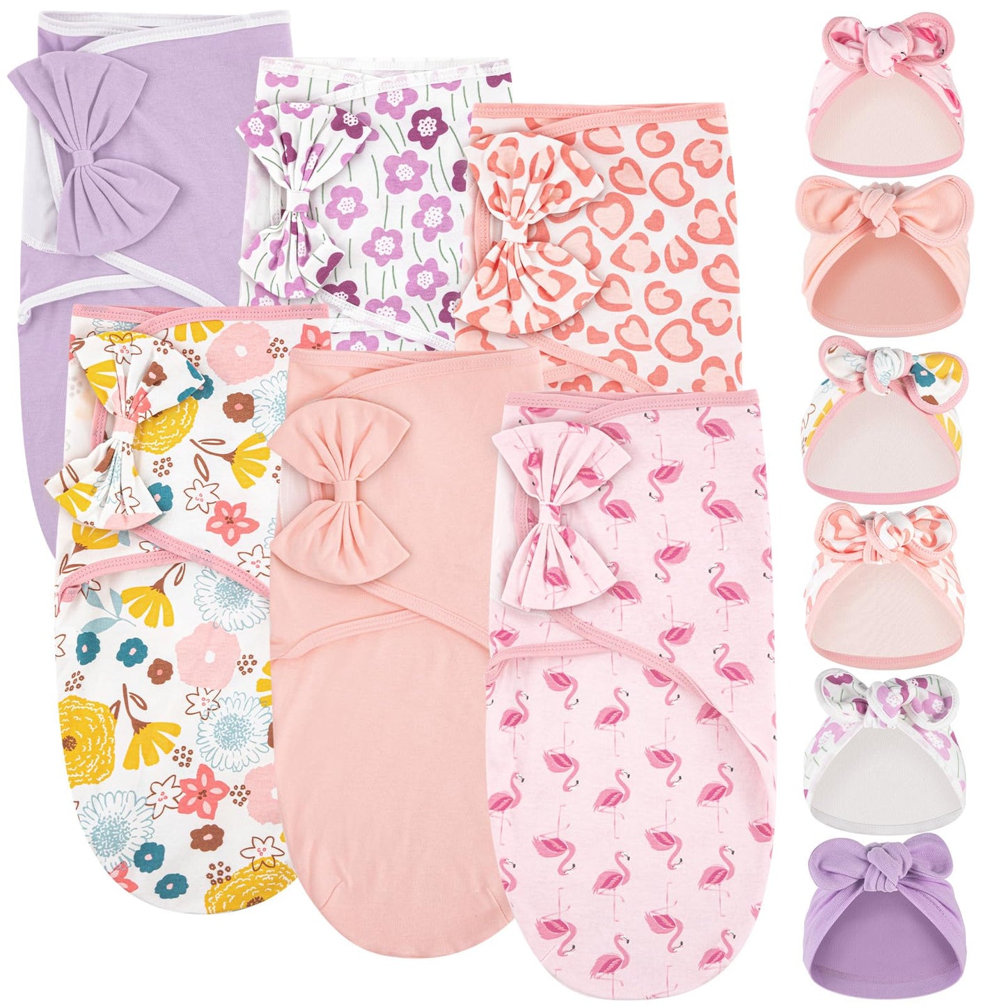 Ramede 6 Pack Baby Swaddle Blanket with Hats Sleep Swaddle for 0-3 Months Newborn Sacks Soft Cotton Wearable for Boy Girl