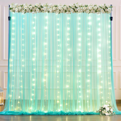White Tulle Backdrop Curtain with Lights String for Parites 10×8ft Sheer Backdrop Curtains White Curtain Backdrop for Wedding Baby Shower Birthday Party Photo Shoot Decorations(2 Panels 10ft×8ft)