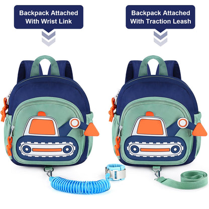 Accmor Toddler Leash Backpack, Children Safety Walking Harness Cute Excavator Bag with Anti Lost Wrist Link, Kids Travel Essential Mini Rucksack Back Pack with Strap Tether for Baby Boys