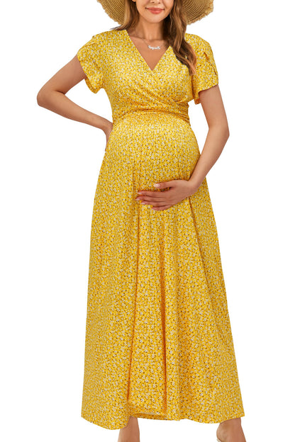 OUGES Maternity Maxi Dress Wrap V Neck Baby Shower Pregnancy Dresses for Photoshoot