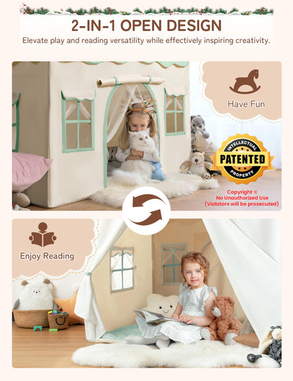 BESREY Kids Play Tent - 2 in 1 with Padded Mat & Lights, Large Playhouse with 2 Doors & 4 Windows, Indoor & Outdoor, Christmas Toddler Play Tent, 51" x 35" x 51