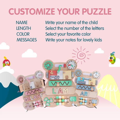 Nabytok Customized Name Puzzle for Toddlers (Fixed I J Letters) Personalized Toddlers Busy Board, Baby Personalized Board for 1-5 Years Old, First Birthday Gift, Montessori Toys (Pastel Girl)
