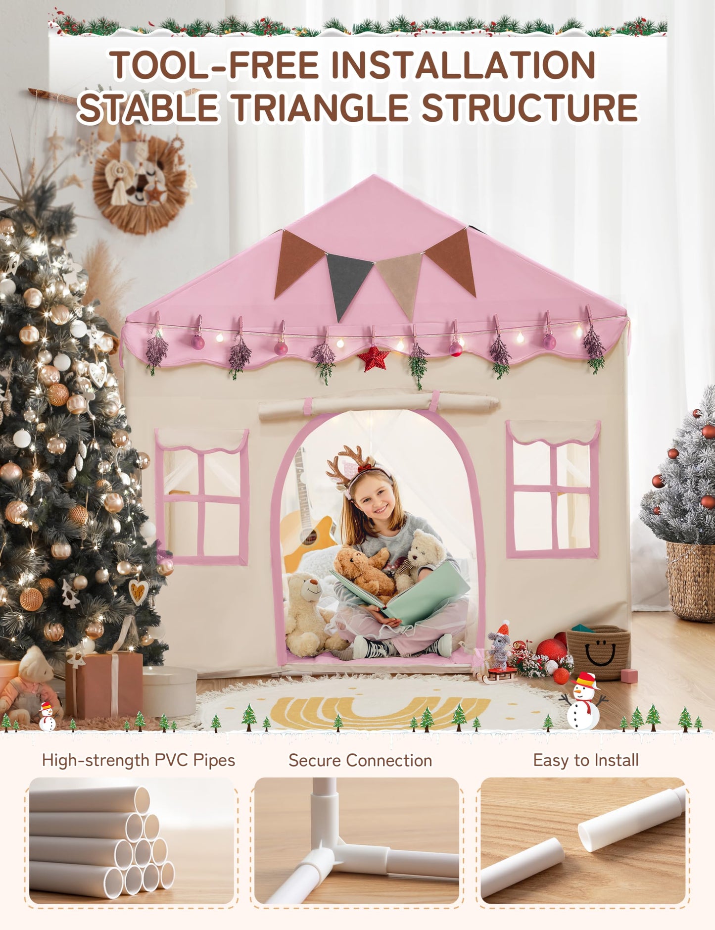 BESREY Kids Play Tent - 2 in 1 with Padded Mat & Lights, Large Playhouse with 2 Doors & 4 Windows, Indoor & Outdoor, Christmas Toddler Play Tent, 51" x 35" x 51