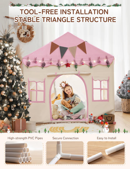 BESREY Kids Play Tent - 2 in 1 with Padded Mat & Lights, Large Playhouse with 2 Doors & 4 Windows, Indoor & Outdoor, Christmas Toddler Play Tent, 51" x 35" x 51