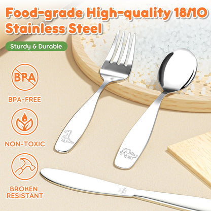 Lehoo Castle Kids Silverware Stainless Steel 6 Piece - Toddler Spoons and Forks Knife Set, Metal Kids Cutlery Set, Toddler Utensils Self Feeding (Dinosaur World)