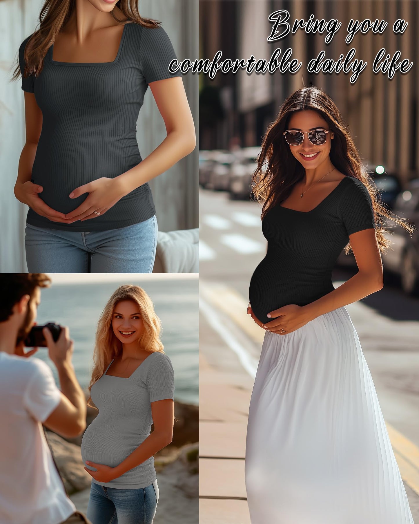 Huukeay 4 Pack Women's Maternity Shirts Cotton Ribbed Short Sleeve Square Neck Pregnancy Tops Side Ruched Summer Tee