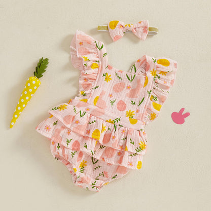 Baby Girls Flutter Sleeve Ruffles Layered Romper Dress Cute Patterns Printed Holiday Outfit with Headband