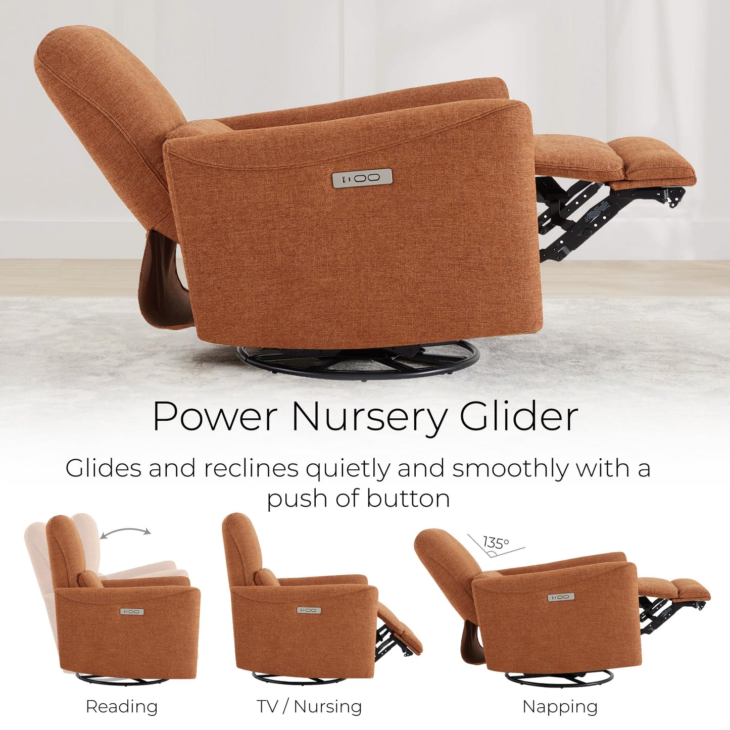 CHITA Power Recliner Chair Swivel Glider, FSC Certified Upholstered Living Room Nursery Reclining Sofa Chair with Lumbar Support, Linen
