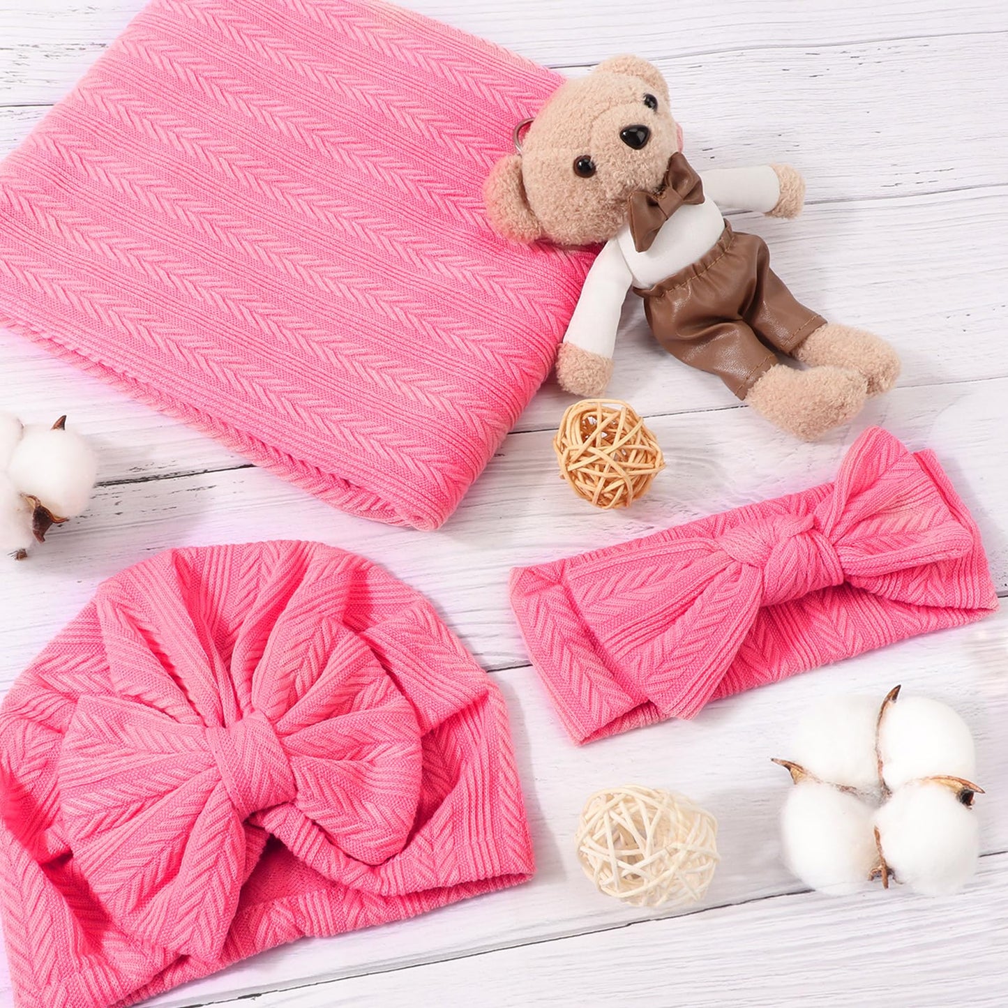 DRESHOW BQUBO Baby Swaddle Blankets for Girls, 4PCS Newborn Accessories Set with Matching Hat and Bow Headband with Card