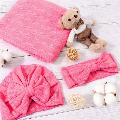 DRESHOW BQUBO Baby Swaddle Blankets for Girls, 4PCS Newborn Accessories Set with Matching Hat and Bow Headband with Card