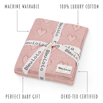 Swaddling Blanket for Girls - 100% Luxury Cotton Knit Heart Baby Blanket - Soft Warm Cozy Swaddle Receiving Stroller Crib Receiving Blanket for Newborns Infants & Toddlers (Pink, 0-2 Years)