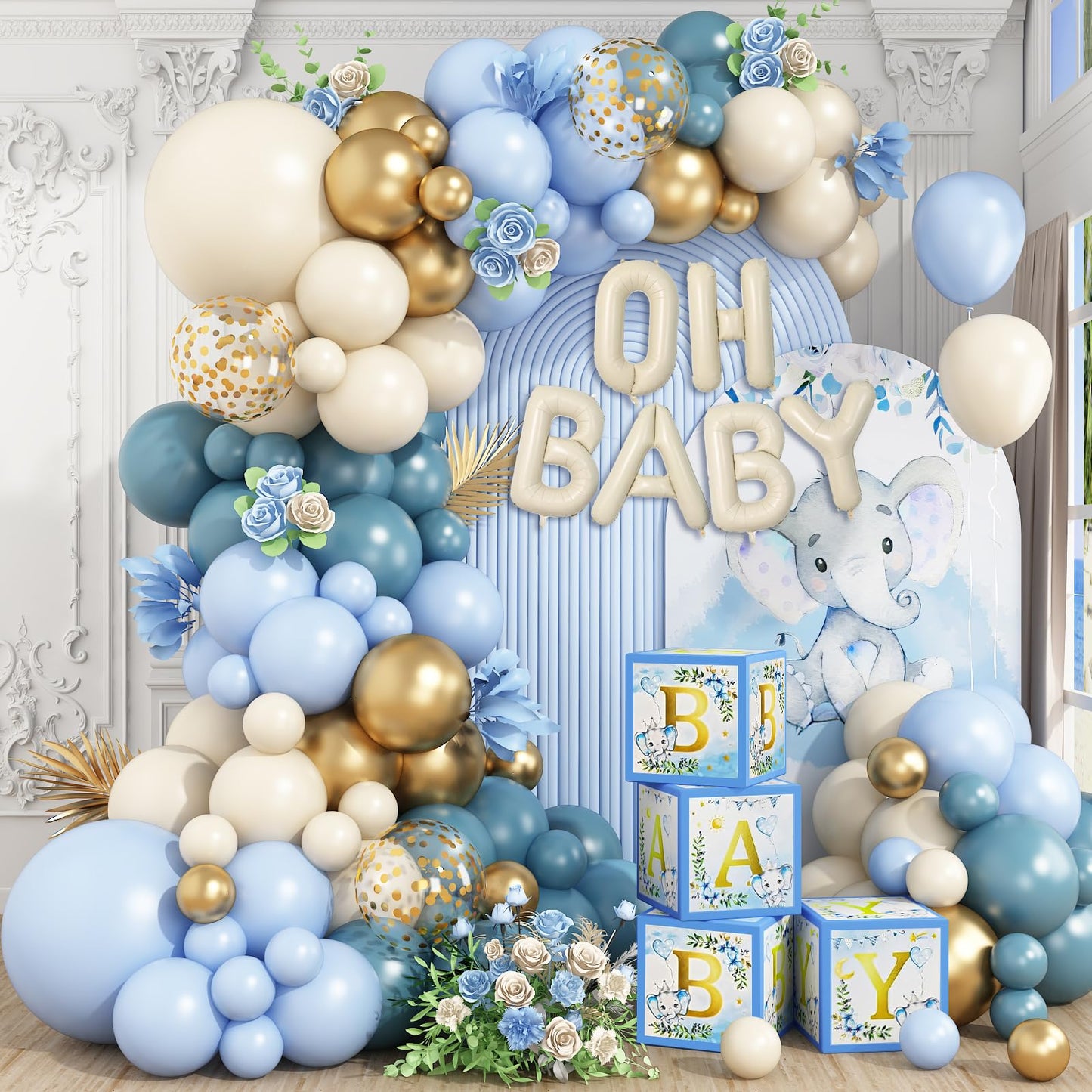Sage Green Baby Shower Decorations,Boho Greency Neutral Balloon Arch with Oh Baby Balloon Banner Green Gold Balloons For Boy Girl Woodland Baby Shower Birthday Party Supplies