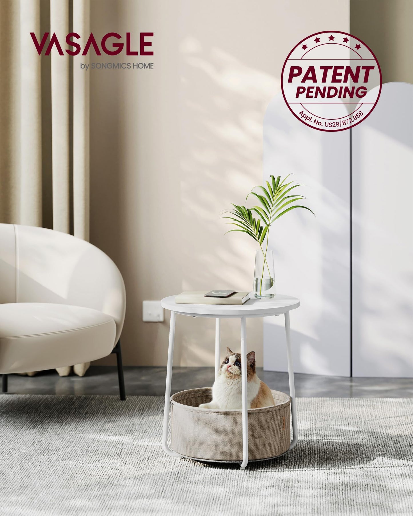 VASAGLE End Table, Small Bedside Table with Fabric Basket, Modern Nightstand, Round Side Table, for Living Room, Bedroom, Matte White and Camel Brown ULET223W10