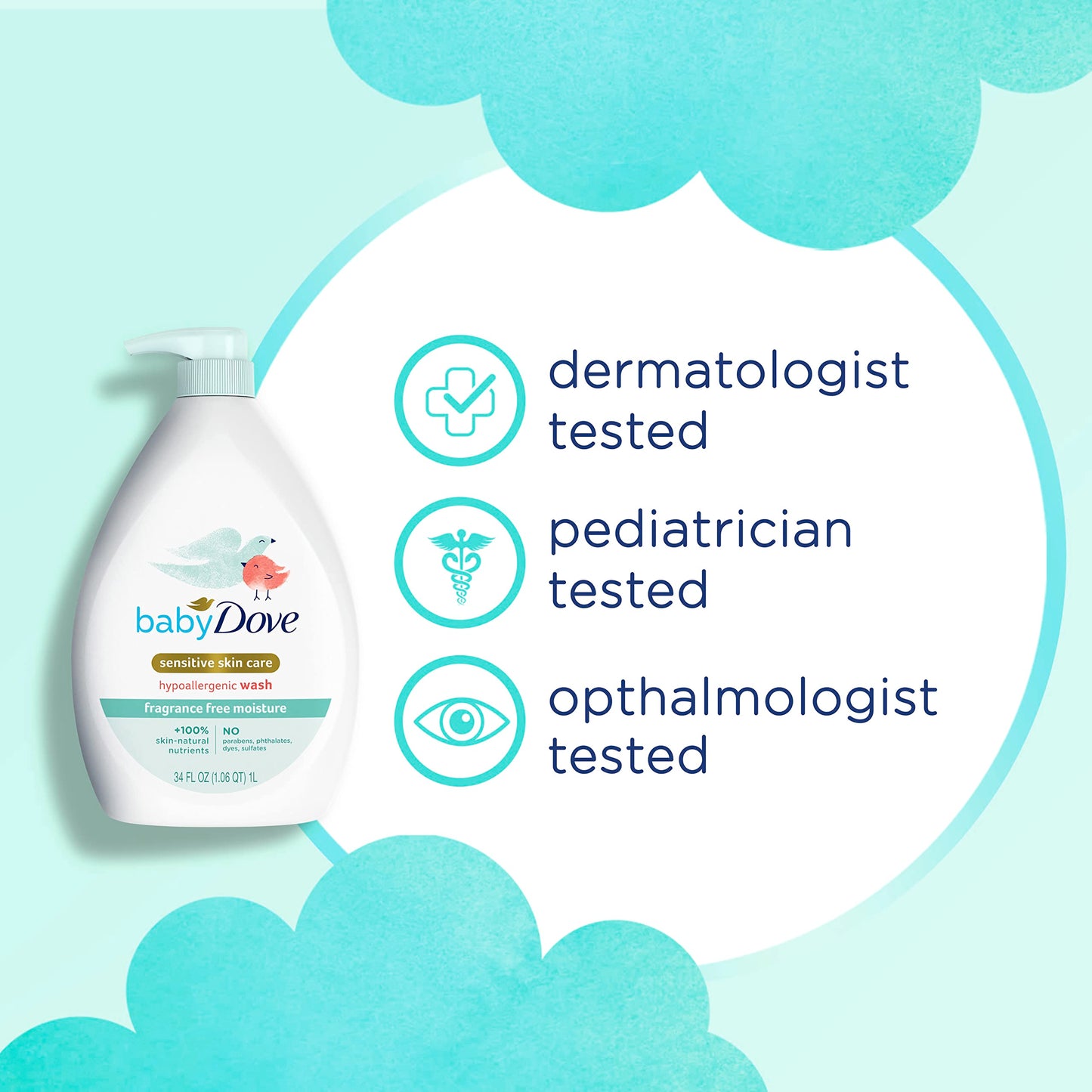 Baby Dove Sensitive Skin Care Baby Wash Fragrance Free Moisture For Baby Bath Time Fragrance Free and Hypoallergenic, Washes Away Bacteria 34 oz (Pack of 1)