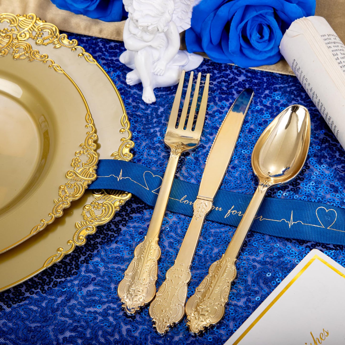 Morejoy 175PCS Rose Gold & Silver Plastic Dinnerware Set: 25 Plates, 25 Forks, 25 Knives, 25 Spoons, 25 Cups, 25 Napkins - Perfect for Wedding & Party