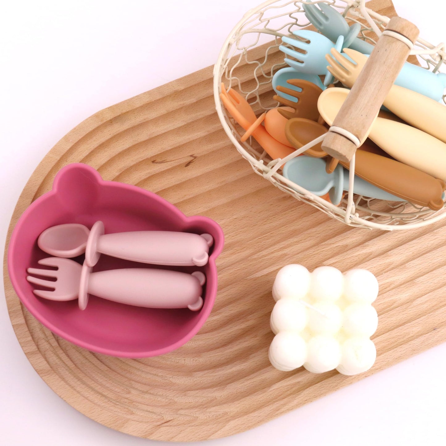 Bear Silicone Baby Bowl Suction Baby Spoon and Fork for Babies 6 months+ Suction Bowls for Baby Utensils 6-12M+ BLW Essentials (Peach Lilac)