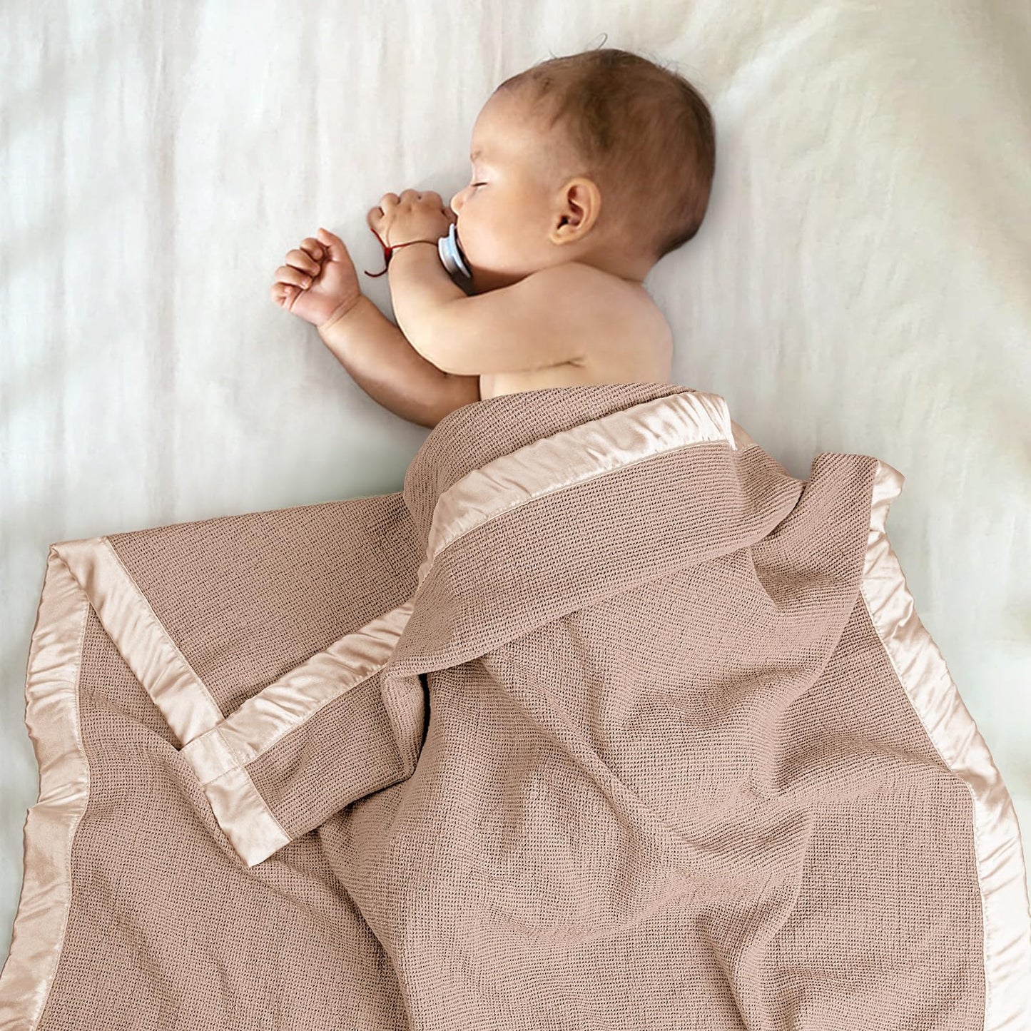 Swaddle Baby Blanket: Waffle Blanket with Satin Strim - Soft Breathable Toddler Blanket for Nursing Cover - Cotton Crib Blanket for Naptime（Cream）