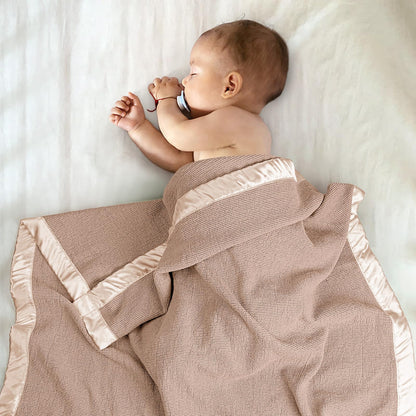 Swaddle Baby Blanket: Waffle Blanket with Satin Strim - Soft Breathable Toddler Blanket for Nursing Cover - Cotton Crib Blanket for Naptime（Cream）