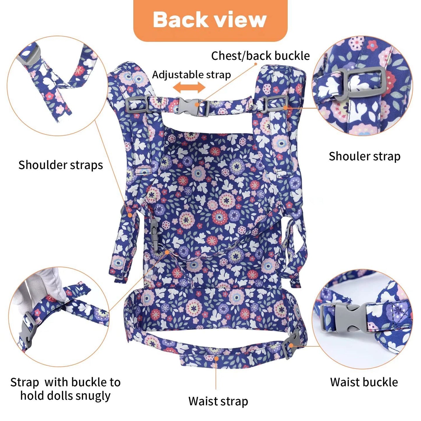 Baby doll carrier for baby girl Premiums soft straps and skin-friendly webbing stuffed animal carrier for kids and toddler facing in facing out and backpack 18 inch doll little flowers design