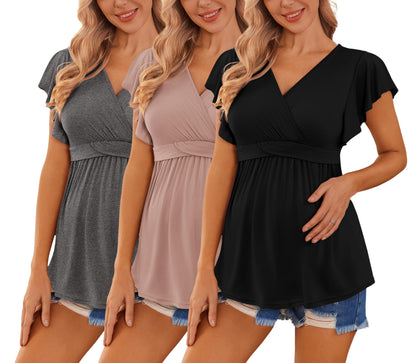 Ekouaer Maternity Shirts 3 Packs Flying Short Sleeve Nursing Tops Pregnancy Clothes