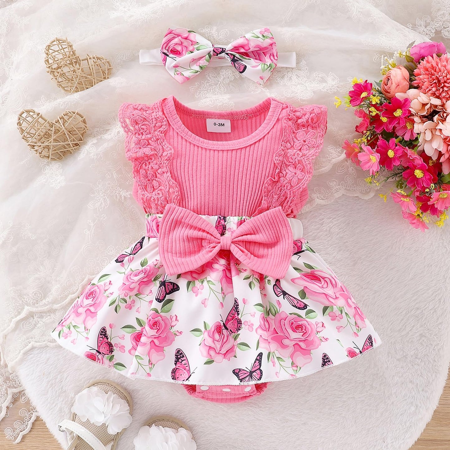 Baby Girl Clothes Newborn Romper Dress Infant Lace Ruffle Sleeveless Summer Outfits with Headband 0-12 Months
