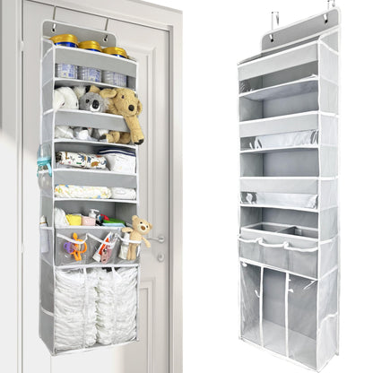 Door Hanging Storage Organizer,with 3 Bins 1 Movable Baby Diaper Caddy,1 Large capacity diaper stacking storage Organizer,10 Side Pockets ,Bedroom Door Storage for Nursery Baby Essentials. (Beige)
