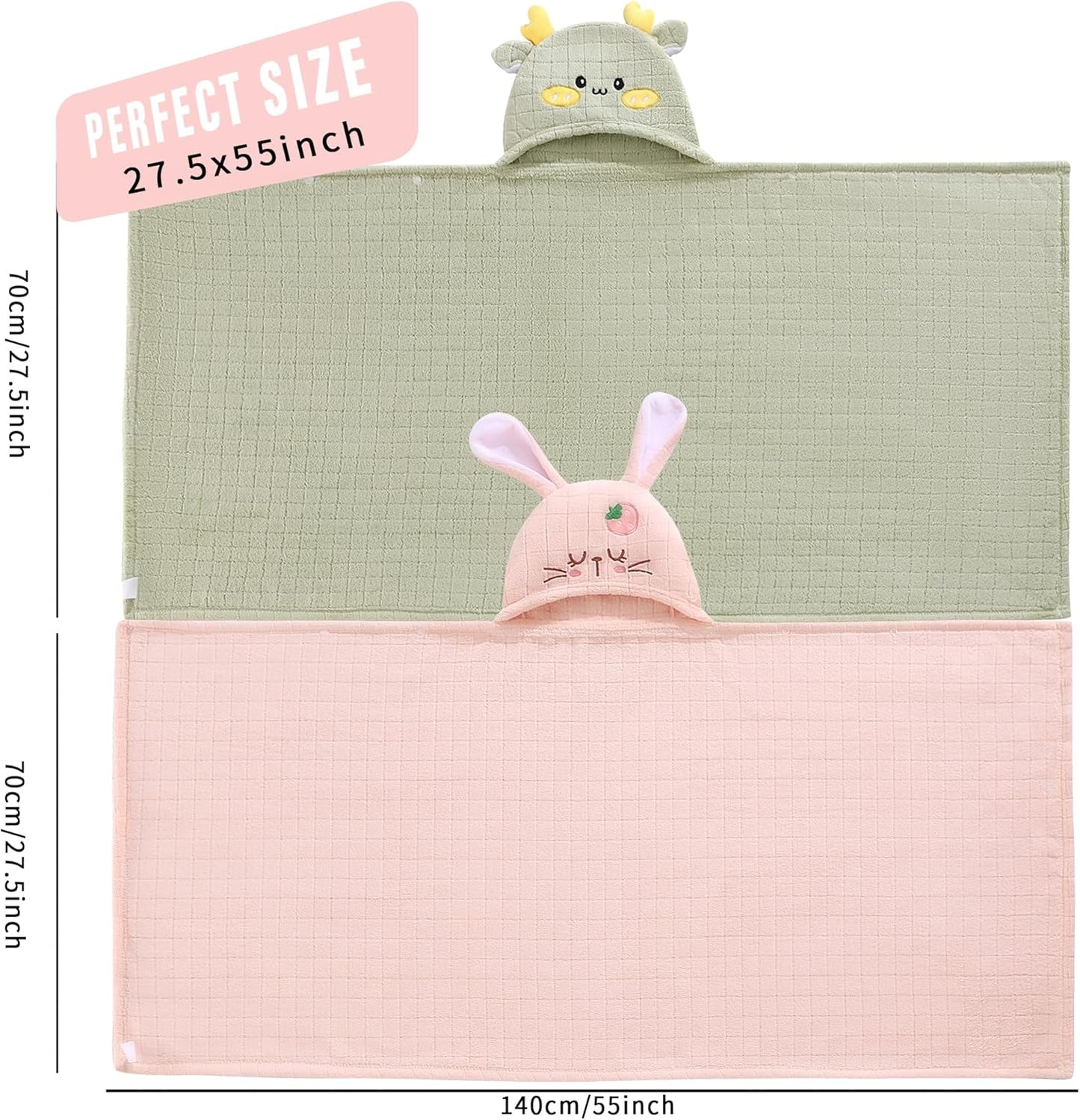 Hooded Baby Towels Set,Baby Towels 2 Pack Soft Thick Absorbency Bath Towel Gift with Animal Design for Newborn,Infant,Toddler,Boys,Girls and Kids,Newborn Essential, 27.5x55Inch(Green Deer&Pink Bunny)