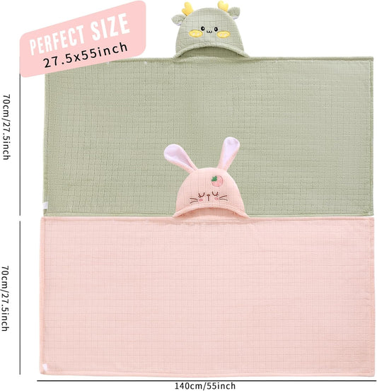 Hooded Baby Towels Set,Baby Towels 2 Pack Soft Thick Absorbency Bath Towel Gift with Animal Design for Newborn,Infant,Toddler,Boys,Girls and Kids,Newborn Essential, 27.5x55Inch(Green Deer&Pink Bunny)