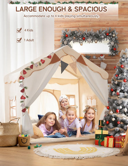 BESREY Kids Play Tent - 2 in 1 with Padded Mat & Lights, Large Playhouse with 2 Doors & 4 Windows, Indoor & Outdoor, Christmas Toddler Play Tent, 51" x 35" x 51