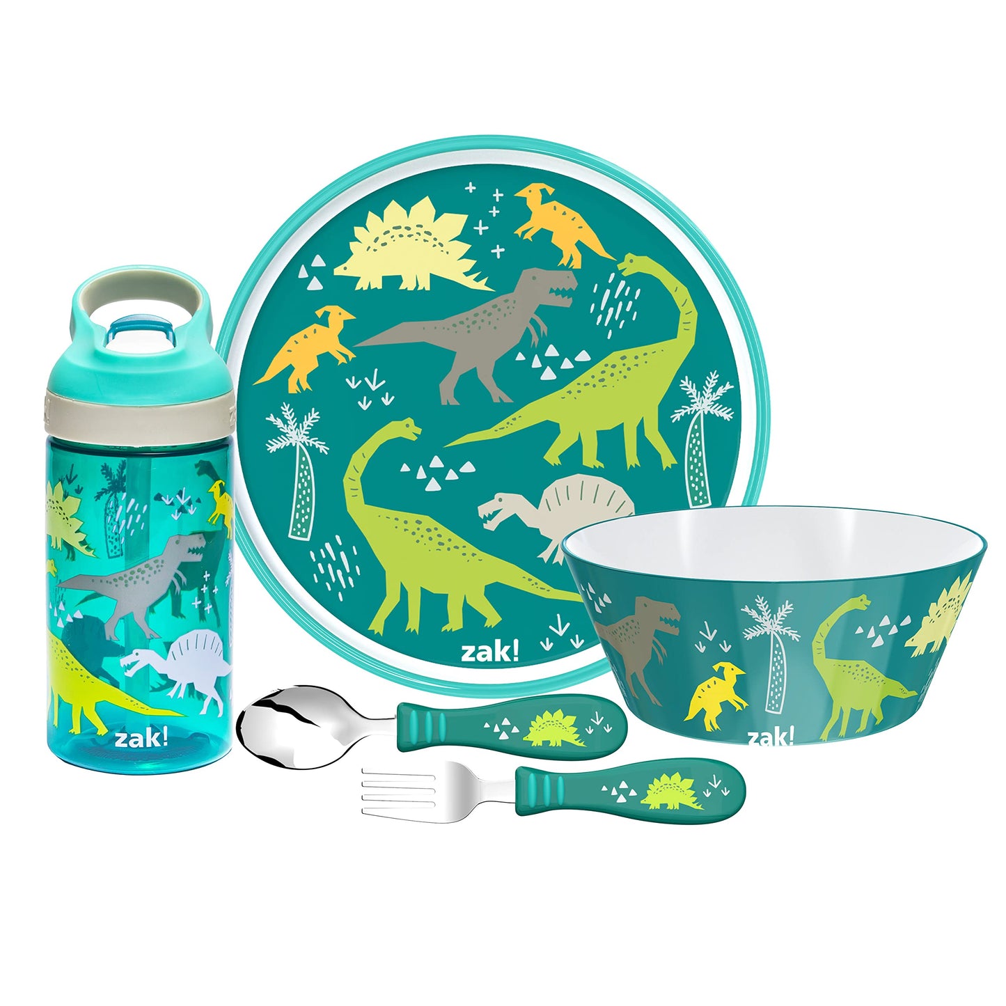 Zak Designs 5-Piece Dinnerware Set, Baby Shark - Durable Plastic & Stainless Steel - Includes Water Bottle, 8-Inch Plate, 6-Inch Bowl, Fork & Spoon - Suitable for Kids Ages 3+