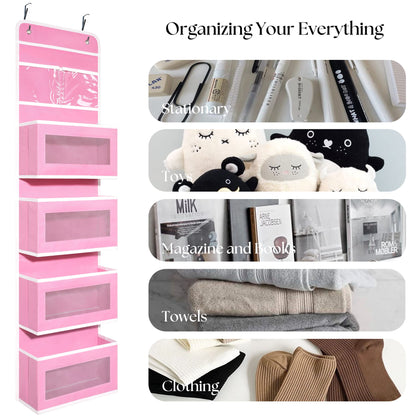 Over Door Organizer with 4 Large Capacity Pockets, Hanging Organizer Storage for Closet Bathroom Nursery Bedroom Dorm, Toys Cosmetics Sundries and Baby Essentials, Gray