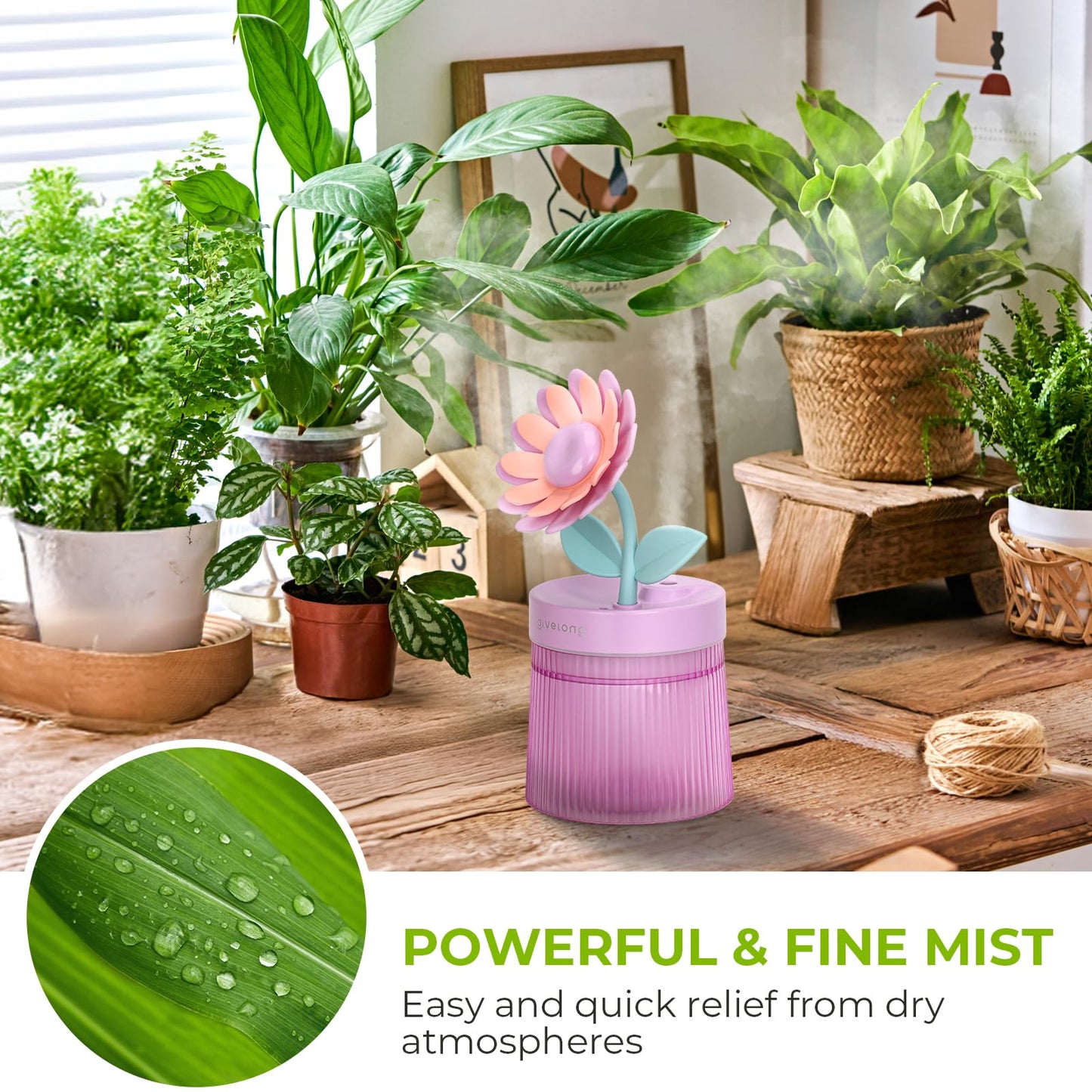 Cute Flower Mini Humidifier, 260ml Gardenia Desktop Humidifiers for Bedroom, Portable Small Cool Mist Humidification for Home, Baby Nursery, Office & Indoor Plants, USB Powered (Pink)