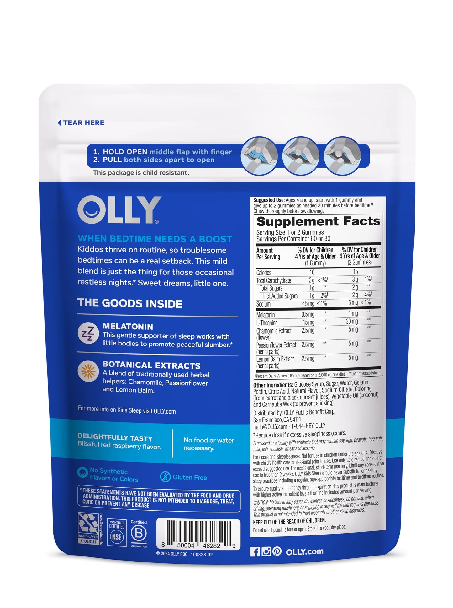 OLLY Kids Sleep Gummy, 0.5mg Melatonin, L Theanine, Chamomile, and Lemon Balm, Childrens Chewable Supplement, Raspberry - 50 Count