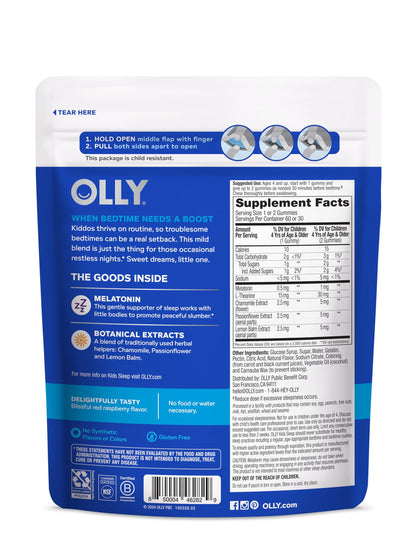 OLLY Kids Sleep Gummy, 0.5mg Melatonin, L Theanine, Chamomile, and Lemon Balm, Childrens Chewable Supplement, Raspberry - 50 Count