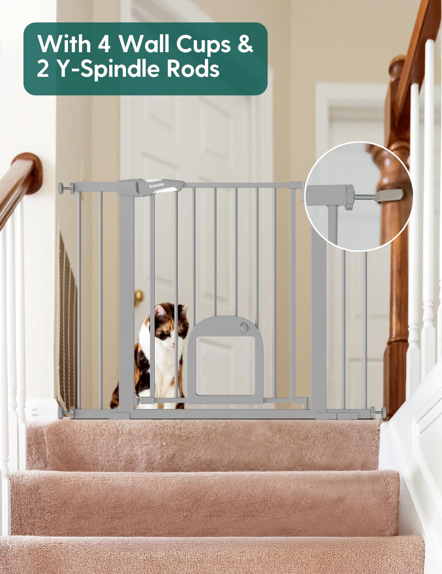 Babelio Upgraded Baby Gate with Cat Door, 29-43" Auto Close Durable Dog Gate for Stairs, Doorways and House, Easy Walk Thru Safety Gate with Pet Door Includes 4 Wall Cups, Black