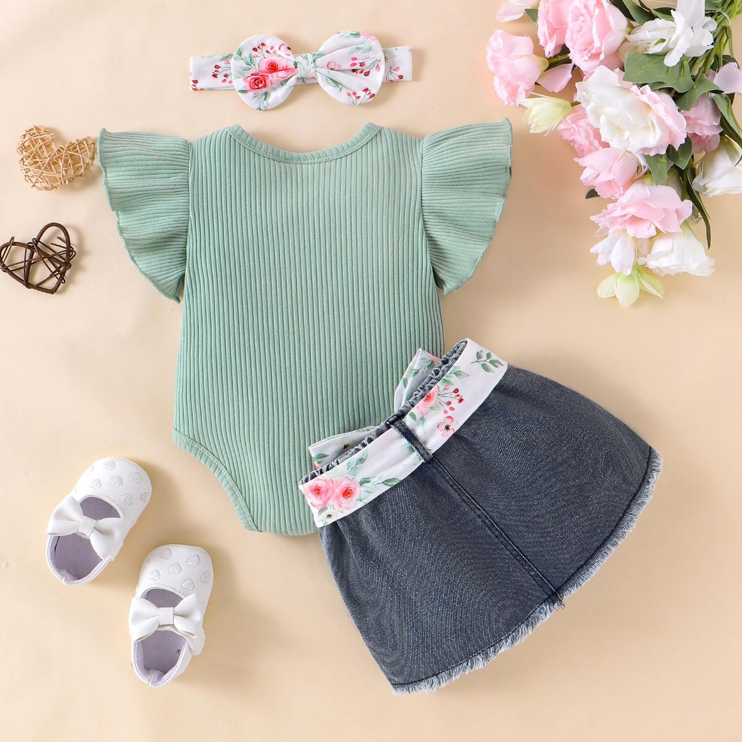 Baby Girl Clothes Newborn Romper Ruffle Sleeve Short Jeans Skirt with Headband Infant Outfits Set 0-18 Months